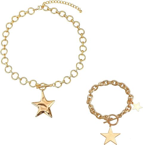Chunky Necklace and Bracelet Set for Women, 2PCS Cross & Star Jewelry Sets, Trendy Gold and Silver Statement Chain Necklace for Gifts in Saudi Arabia