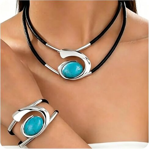 Gold Silver Turquoise Jewelry Set for Women, Bohemian Double-Layer Necklace with Vintage Pendant and Adjustable Bracelet, Gift for Valentines, birthday or any special occasion in Kuwait