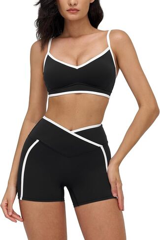 2 Piece Workout Sets for Women Seamless High Waist Scrunch Butt Yoga Shorts Contrast Panel Sports Bra Outfits in Saudi Arabia