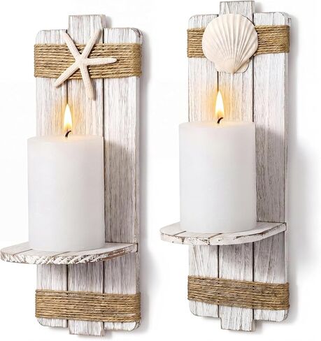Hushee Set of 2 Beach Starfish Wall Candle Sconces Wooden Ocean Themed Wall-mount Candle Holders Seashell Coastal Farmhouse Nautical Rustic Decoration for Bathroom, Living Room, Dining Room and Office in Kuwait