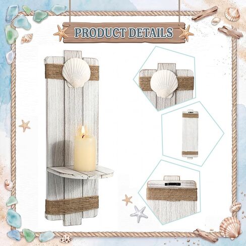 Hushee Set of 2 Beach Starfish Wall Candle Sconces Wooden Ocean Themed Wall-mount Candle Holders Seashell Coastal Farmhouse Nautical Rustic Decoration for Bathroom, Living Room, Dining Room and Office in Kuwait