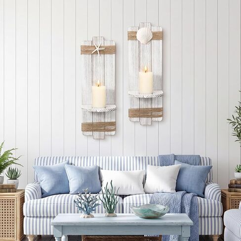 Hushee Set of 2 Beach Starfish Wall Candle Sconces Wooden Ocean Themed Wall-mount Candle Holders Seashell Coastal Farmhouse Nautical Rustic Decoration for Bathroom, Living Room, Dining Room and Office in Kuwait
