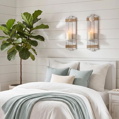 Hushee Set of 2 Beach Starfish Wall Candle Sconces Wooden Ocean Themed Wall-mount Candle Holders Seashell Coastal Farmhouse Nautical Rustic Decoration for Bathroom, Living Room, Dining Room and Office in Kuwait