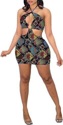 HLSIN Women's Crisscross Cut Out Halter Lace Up Backless Mini Bodycon Dress Clubwear in Saudi Arabia