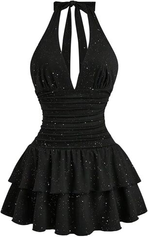 SHENHE Women's Glitter Halter Deep V Neck Mini Dress Open Back Ruffle Ruched Date Night Dress in Kuwait