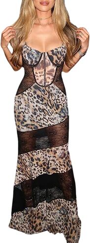 Women Sexy Lace Patchwork Leopard Maxi Dress Spaghetti Strap See Through Long Party Night Club Party Dress in Saudi Arabia