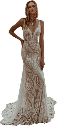Bohemian Beach Wedding Dress Spaghetti Straps Lace Mermaid Bridal Gown with Train Ourtdoor Reception 2026 in Saudi Arabia