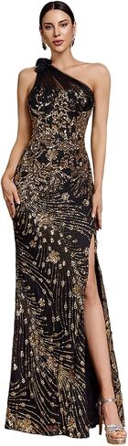 One Shoulder Maxi Mermaid Evening Gown with Backless & Slit, Mesh Strap with Floral Applique Dress for Party & Prom in Saudi Arabia