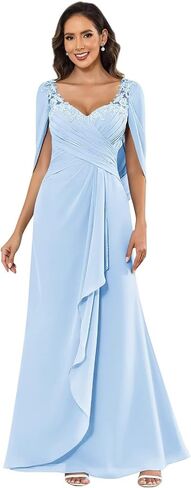 Lace Mother of The Bride Dresses with Cape Sleeves Chiffon Pleated Long Formal Evening Gown in Saudi Arabia