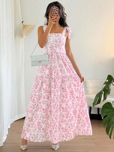 French Elegant Pleated Flounce Floral Print Long Dress, Sleeveless V-Neck Ruffled Dress in Kuwait