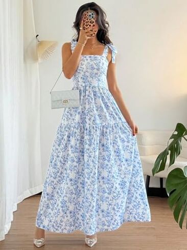 French Elegant Pleated Flounce Floral Print Long Dress, Sleeveless V-Neck Ruffled Dress in Kuwait
