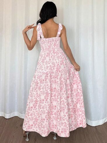 French Elegant Pleated Flounce Floral Print Long Dress, Sleeveless V-Neck Ruffled Dress in Kuwait