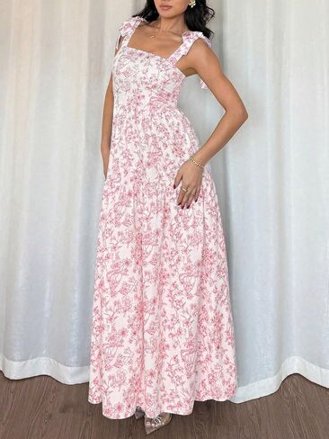French Elegant Pleated Flounce Floral Print Long Dress, Sleeveless V-Neck Ruffled Dress in Kuwait