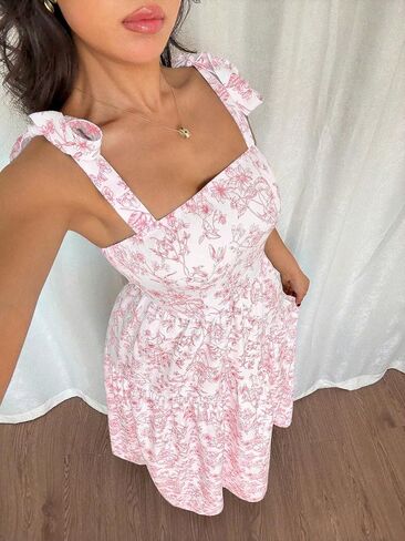 French Elegant Pleated Flounce Floral Print Long Dress, Sleeveless V-Neck Ruffled Dress in Kuwait