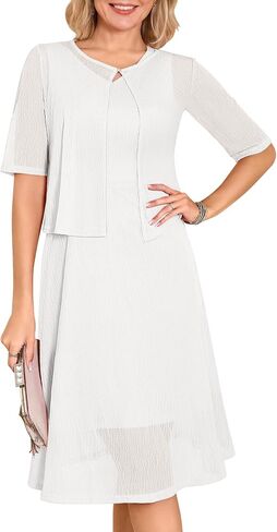 Dressystar 2 Piece Mother of Bride Dress Set Women’s A Line Lace Dresses with Jacket Short Sleeves Midi Wedding Guest Outfit in Kuwait