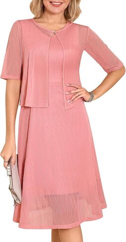 Dressystar 2 Piece Mother of Bride Dress Set Women’s A Line Lace Dresses with Jacket Short Sleeves Midi Wedding Guest Outfit in Saudi Arabia