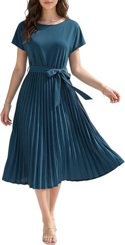 SUNSTORY Women's Burgundy Midi Dress: 2026 Short Sleeve Tie Waist Pleated Flowy Summer Dress with Belt in Saudi Arabia