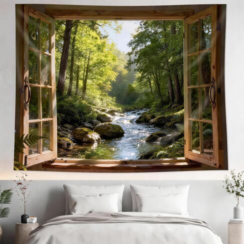 Cinbloo Wood Window Nature Green Tapestry 59Wx51H Inch Jungle Rainforest Stream Outdoor Landscape Waterfall Tree Plant River Wall Hanging Natural Classroom Home Dorm Decor Art Living Room Bedroom in Saudi Arabia