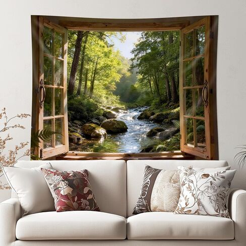 Cinbloo Wood Window Nature Green Tapestry 59Wx51H Inch Jungle Rainforest Stream Outdoor Landscape Waterfall Tree Plant River Wall Hanging Natural Classroom Home Dorm Decor Art Living Room Bedroom in Saudi Arabia