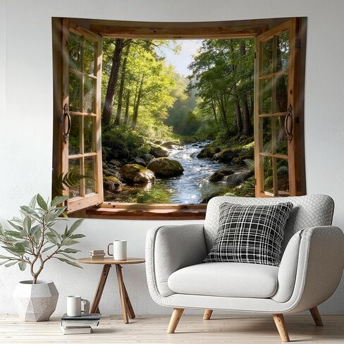 Cinbloo Wood Window Nature Green Tapestry 59Wx51H Inch Jungle Rainforest Stream Outdoor Landscape Waterfall Tree Plant River Wall Hanging Natural Classroom Home Dorm Decor Art Living Room Bedroom in Saudi Arabia