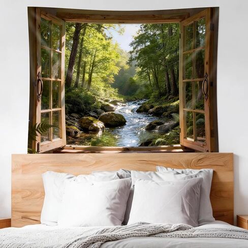 Cinbloo Wood Window Nature Green Tapestry 59Wx51H Inch Jungle Rainforest Stream Outdoor Landscape Waterfall Tree Plant River Wall Hanging Natural Classroom Home Dorm Decor Art Living Room Bedroom in Saudi Arabia