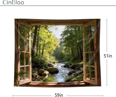 Cinbloo Wood Window Nature Green Tapestry 59Wx51H Inch Jungle Rainforest Stream Outdoor Landscape Waterfall Tree Plant River Wall Hanging Natural Classroom Home Dorm Decor Art Living Room Bedroom in Saudi Arabia