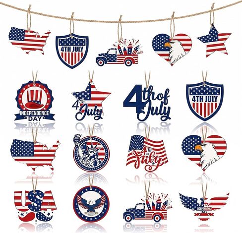 24 Pcs 4th of July Tree Decorations, Paper July 4th Hanging Ornaments Decor, Patriotic Independence Day Hanging Tree Ornaments, Red White Blue USA Assorted Shaped Hang Decor for Day Holiday in Saudi Arabia