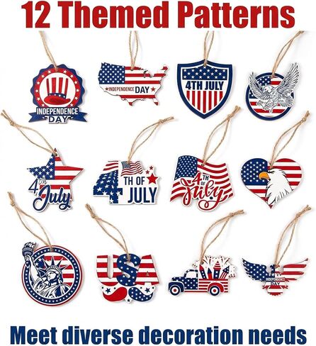 24 Pcs 4th of July Tree Decorations, Paper July 4th Hanging Ornaments Decor, Patriotic Independence Day Hanging Tree Ornaments, Red White Blue USA Assorted Shaped Hang Decor for Day Holiday in Saudi Arabia