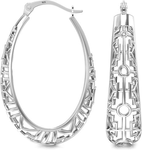 LeCalla 925 Sterling Silver Filigree Earrings for Women | Mesh Filigree Oval Hoop Earring | Women's Click-Top Hoop Earrings 30MM in Kuwait