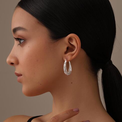 LeCalla 925 Sterling Silver Filigree Earrings for Women | Mesh Filigree Oval Hoop Earring | Women's Click-Top Hoop Earrings 30MM in Kuwait