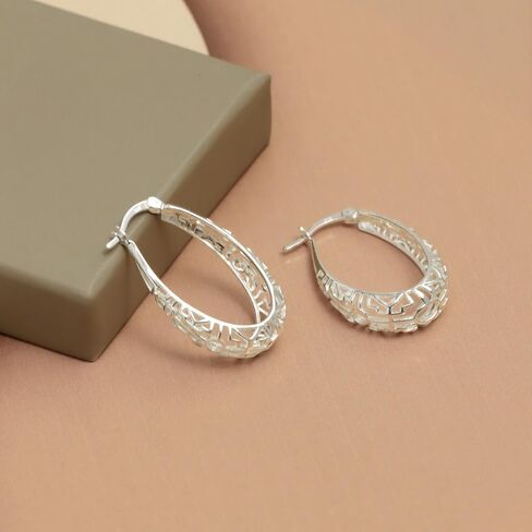 LeCalla 925 Sterling Silver Filigree Earrings for Women | Mesh Filigree Oval Hoop Earring | Women's Click-Top Hoop Earrings 30MM in Kuwait