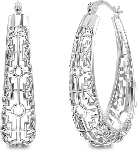LeCalla 925 Sterling Silver Filigree Earrings for Women | Mesh Filigree Oval Hoop Earring | Women's Click-Top Hoop Earrings 30MM in Kuwait