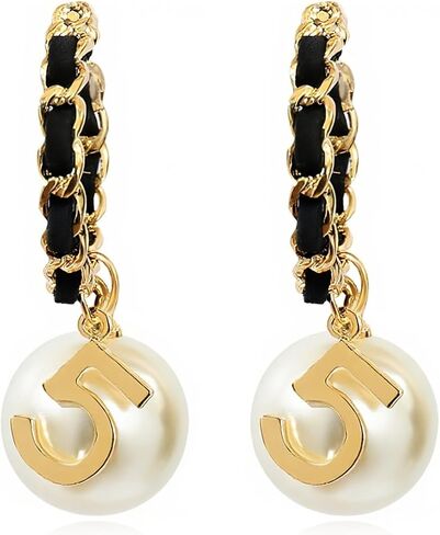 C-Shape Woven Hoop Stud Earrings for Women - Dangling Pearl & Number 5 Accent, Black & Gold Braided Texture | Chic Statement Large Earrings with Velvet Storage Bag in Saudi Arabia