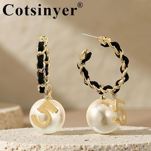 C-Shape Woven Hoop Stud Earrings for Women - Dangling Pearl & Number 5 Accent, Black & Gold Braided Texture | Chic Statement Large Earrings with Velvet Storage Bag in Saudi Arabia
