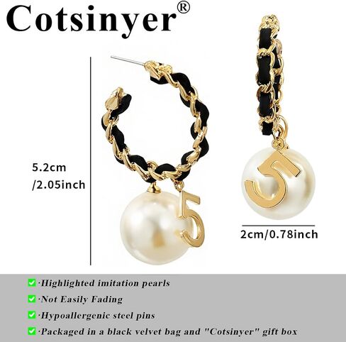C-Shape Woven Hoop Stud Earrings for Women - Dangling Pearl & Number 5 Accent, Black & Gold Braided Texture | Chic Statement Large Earrings with Velvet Storage Bag in Saudi Arabia