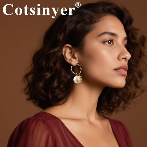C-Shape Woven Hoop Stud Earrings for Women - Dangling Pearl & Number 5 Accent, Black & Gold Braided Texture | Chic Statement Large Earrings with Velvet Storage Bag in Saudi Arabia