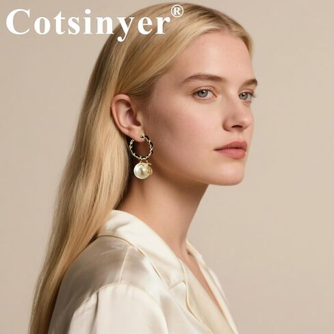 C-Shape Woven Hoop Stud Earrings for Women - Dangling Pearl & Number 5 Accent, Black & Gold Braided Texture | Chic Statement Large Earrings with Velvet Storage Bag in Saudi Arabia
