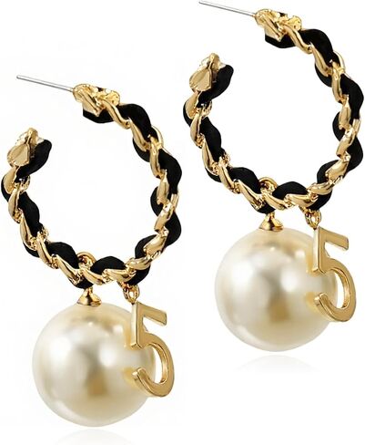 C-Shape Woven Hoop Stud Earrings for Women - Dangling Pearl & Number 5 Accent, Black & Gold Braided Texture | Chic Statement Large Earrings with Velvet Storage Bag in Saudi Arabia