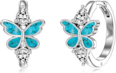Silver Women's Turquoise Butterfly Hoop Earrings Genuine Turquoise Butterfly Earrings with Moissanite for Women Cocktail Jewelry Birthday Valentine's Day Christmas Gift for Her in Kuwait