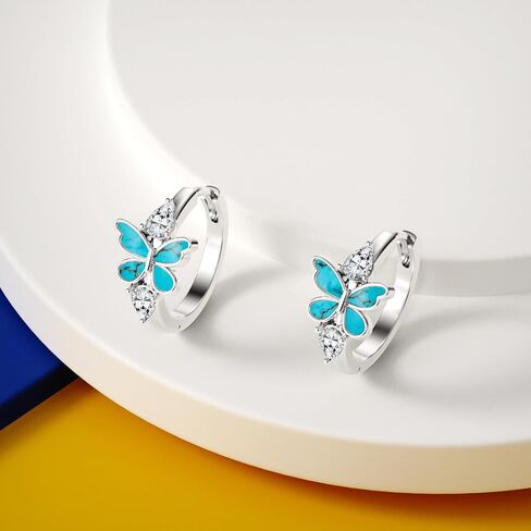 Silver Women's Turquoise Butterfly Hoop Earrings Genuine Turquoise Butterfly Earrings with Moissanite for Women Cocktail Jewelry Birthday Valentine's Day Christmas Gift for Her in Kuwait
