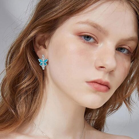 Silver Women's Turquoise Butterfly Hoop Earrings Genuine Turquoise Butterfly Earrings with Moissanite for Women Cocktail Jewelry Birthday Valentine's Day Christmas Gift for Her in Kuwait