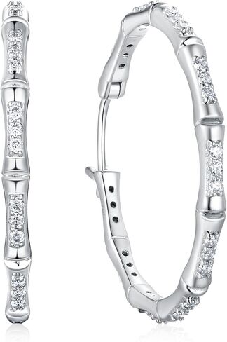 Sparkle Cubic Zirconia Bamboo Hoop Earrings for Women, 925 Sterling Silver Post Hypoallergenic, Hoops Diameter: 20mm/30mm/40mm in Saudi Arabia