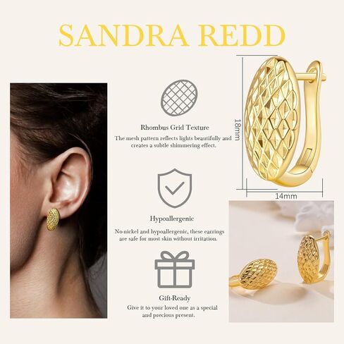 SANDRA REDD 14K Gold Earrings for Women Gold Hoop Earrings Gold Earrings for Women Hoops Oval Shape with Mesh Pad Textured on the Surface Unique Hoops Earring for Womens 18mm in Saudi Arabia