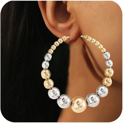 Gold Large Bead Hoop Earrings Vintage Chunky Big Circle Balls Beads Hoops Earring Thick Round Balls Jewelry Gift Y2k Party Accessories in Saudi Arabia