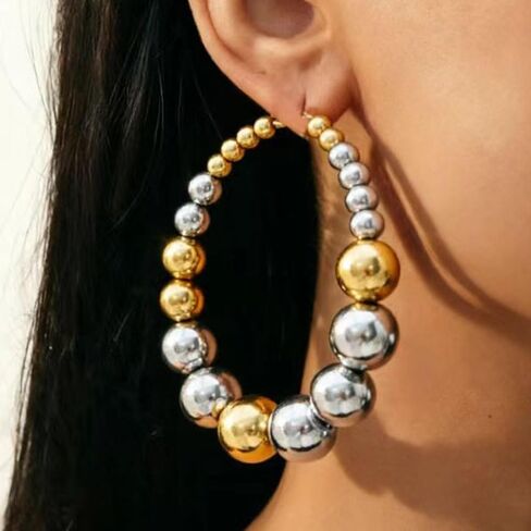 Gold Large Bead Hoop Earrings Vintage Chunky Big Circle Balls Beads Hoops Earring Thick Round Balls Jewelry Gift Y2k Party Accessories in Saudi Arabia