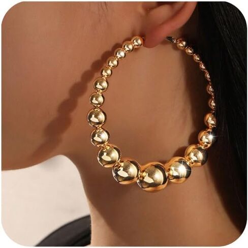 Gold Large Bead Hoop Earrings Vintage Chunky Big Circle Balls Beads Hoops Earring Thick Round Balls Jewelry Gift Y2k Party Accessories in Saudi Arabia