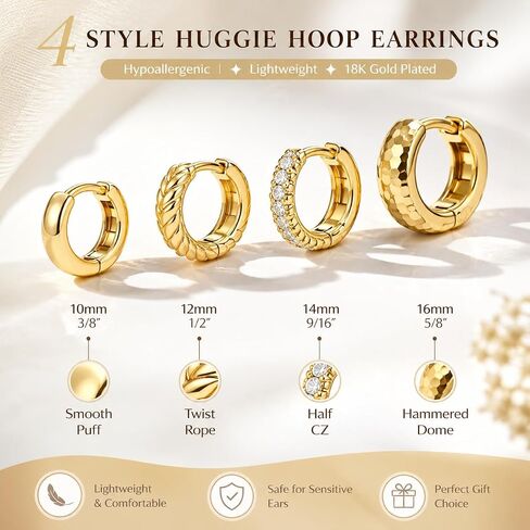 4Pcs 18K Gold Plated Huggie Hoop Earrings Set for Women, Hypoallergenic Small Gold Hoops, Stackable Cartilage Earrings for Multiple Piercings, 10/12/14/16mm Lightweight Jewelry in Kuwait