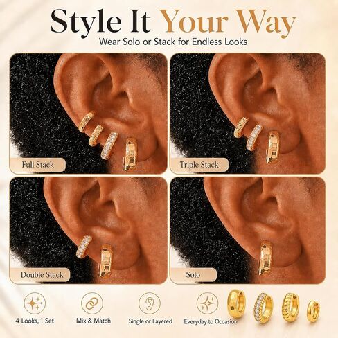 4Pcs 18K Gold Plated Huggie Hoop Earrings Set for Women, Hypoallergenic Small Gold Hoops, Stackable Cartilage Earrings for Multiple Piercings, 10/12/14/16mm Lightweight Jewelry in Kuwait