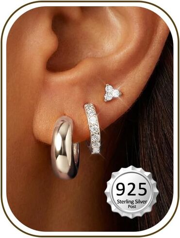 OOOPEL Small Gold Earring Stack Trendy 925 Sterling Silver Earrings for Women Hypoallergenic 14K Gold Plated Cubic Zirconia Stud Hoop Non Tarnish Huggie Hoop Earrings Set for Multiple Piercing Jewelry Gift in Saudi Arabia