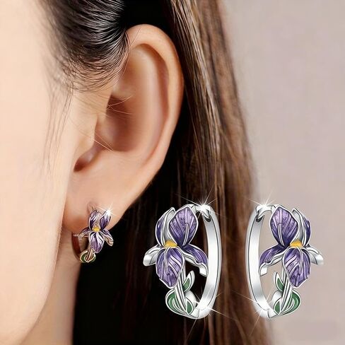 Vintage Purple Iris Flower Enamel Hoop Earrings for Women Daily Party Banquet Earrings Jewelry Gift in Kuwait